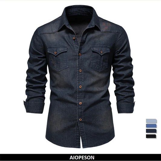 Men's Long Sleeve Denim Shirt with Button-Down Front and Chest Pockets