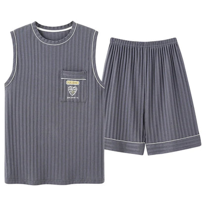 Men's Striped Short and Long Sleeve Pajama Set with Chest Pocket and Contrast Piping for Versatile Sleepwear Options