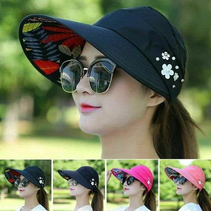 Floral Embellished Wide-Brim Sun Visor Hat with Adjustable Fit and Patterned Underside for Stylish Sun Protection