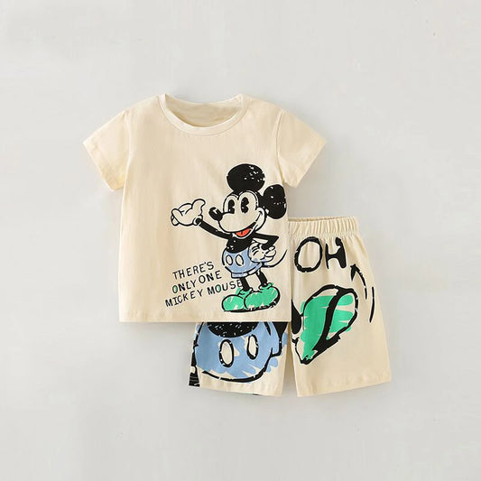 Mickey Mouse Cartoon Print Baby Boy's Two-Piece Summer Outfit, Featuring Short Sleeve Top and Elastic Waist Shorts