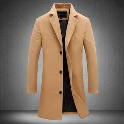 Men's Long Wool Blend Overcoat with Notched Lapel, Single-Breasted Closure, and Full-Length Sleeves for a Sophisticated and Warm Autumn and Winter Look