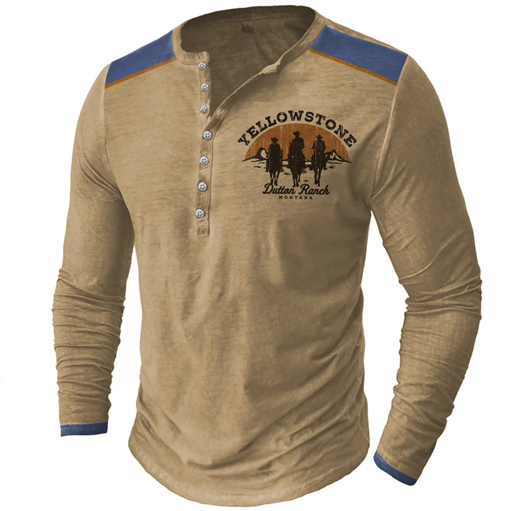 Men's Long Sleeve Button-Up Henley Shirt with Tribal Print and Yellowstone Dutton Ranch Logo