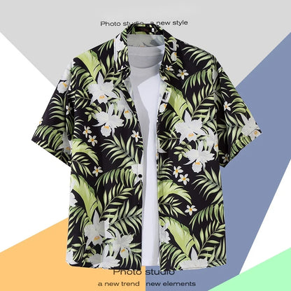 Men's Tropical Floral Print Short Sleeve Shirt with Turn-Down Collar and Lightweight Fabric for Summer Casual Wear