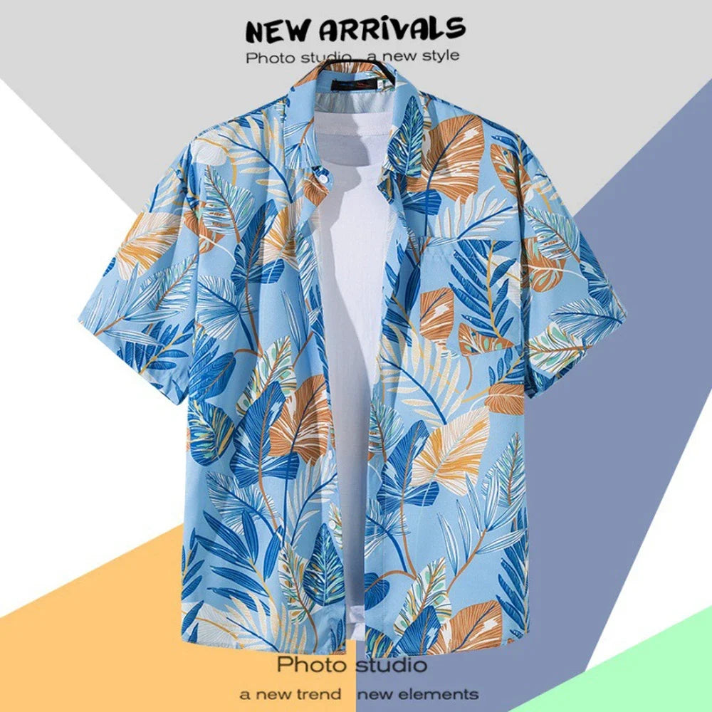 Men's Short-Sleeve Hawaiian Shirt Collection with Vibrant Floral and Tropical Prints, Ideal for Summer Casual Wear