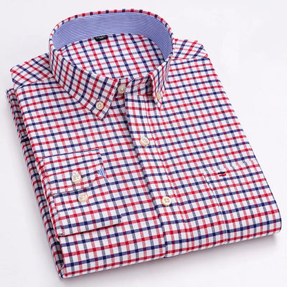 Premium Cotton Button-Down Oxford Shirt with Striped Collar Detail, Long Sleeves, and Classic Chest Pocket Design for Men.