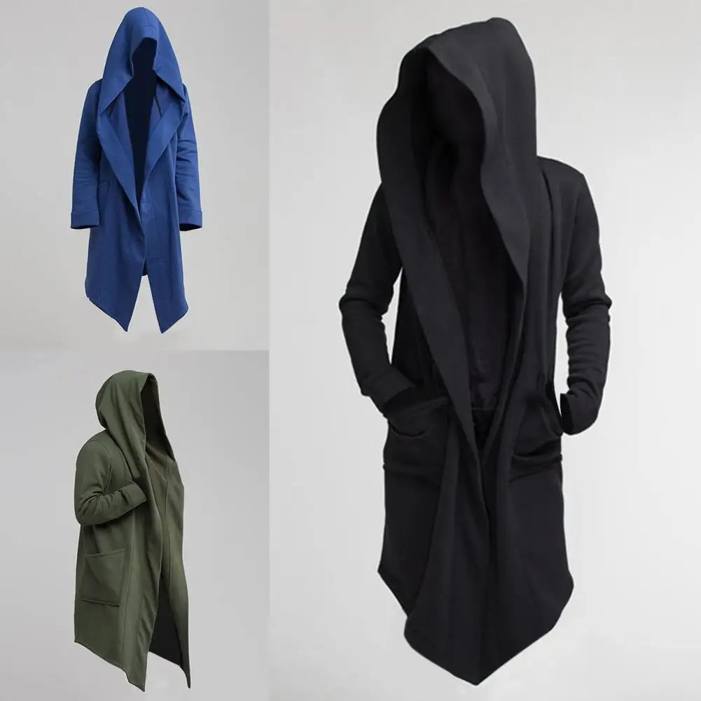 Men's Long Hooded Cardigan with Open Front, Asymmetrical Hem, and Deep Pockets for a Stylish and Modern Look