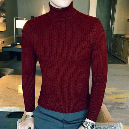 Men's Slim-Fit Turtleneck Sweater with Ribbed Knit Design and Long Sleeves