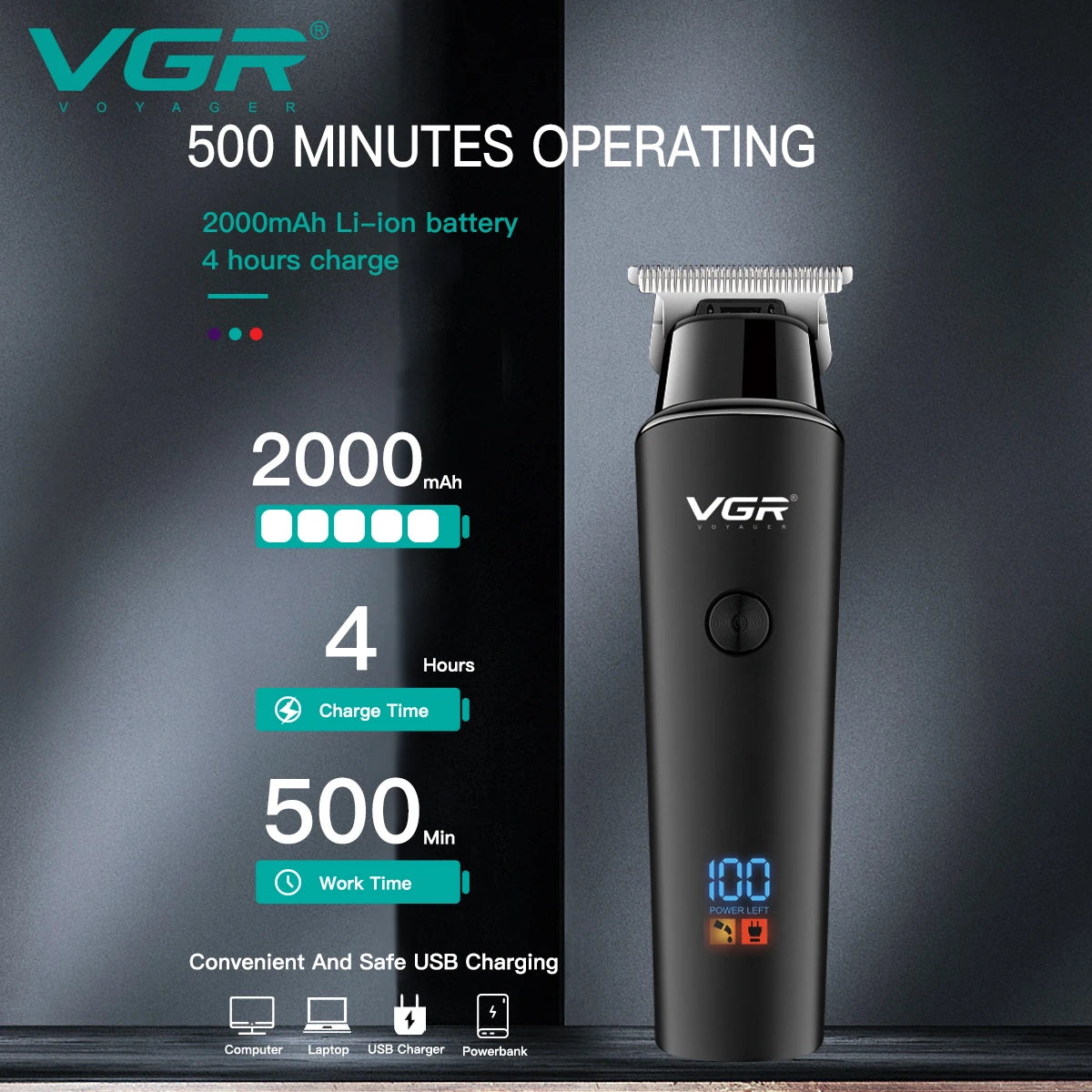 VGR Professional Hair Trimmer with LED Display, USB Charging, and Multiple Guide Combs for Precision Hair Cutting and Grooming