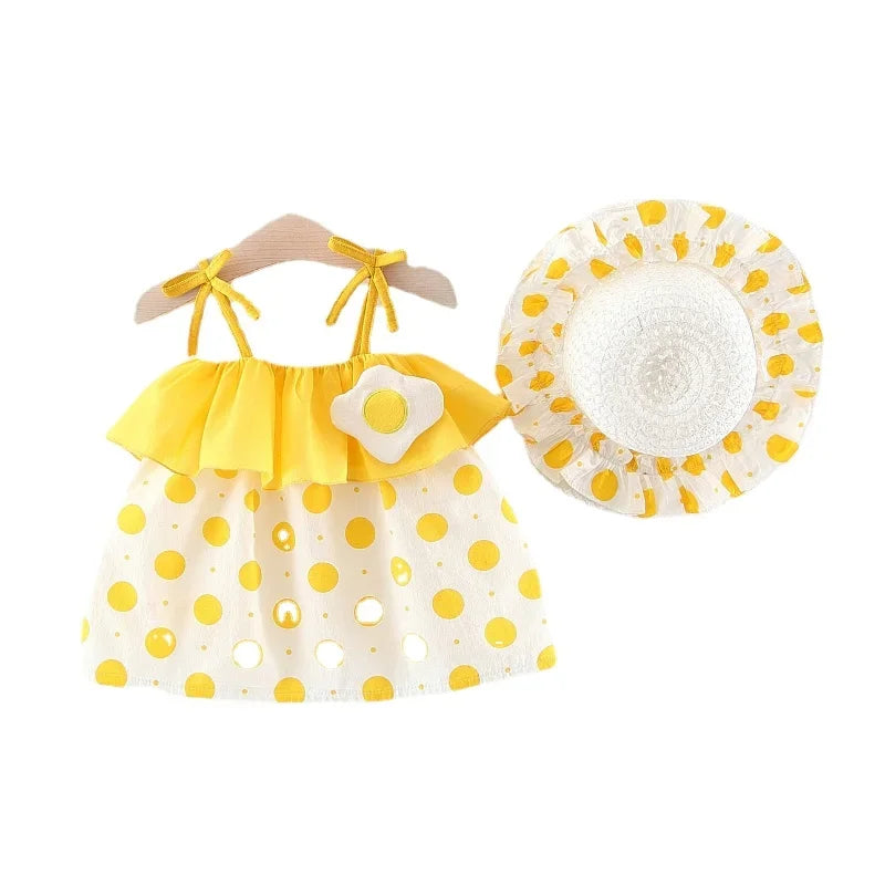 Adorable Toddler Girl's Polka Dot Dress with Strawberry Patch and Matching Sun Hat Set