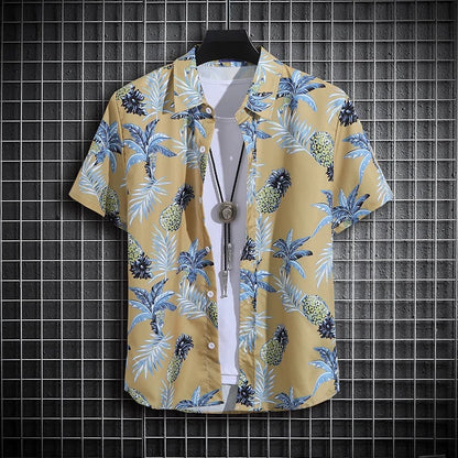 Tropical Print Short Sleeve Unisex Hawaiian Shirt with Pineapple and Palm Tree Design