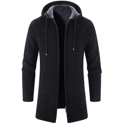 Men's Long Hooded Cardigan with Plush Lining and Full-Zip Closure for Cozy Autumn and Winter Wear