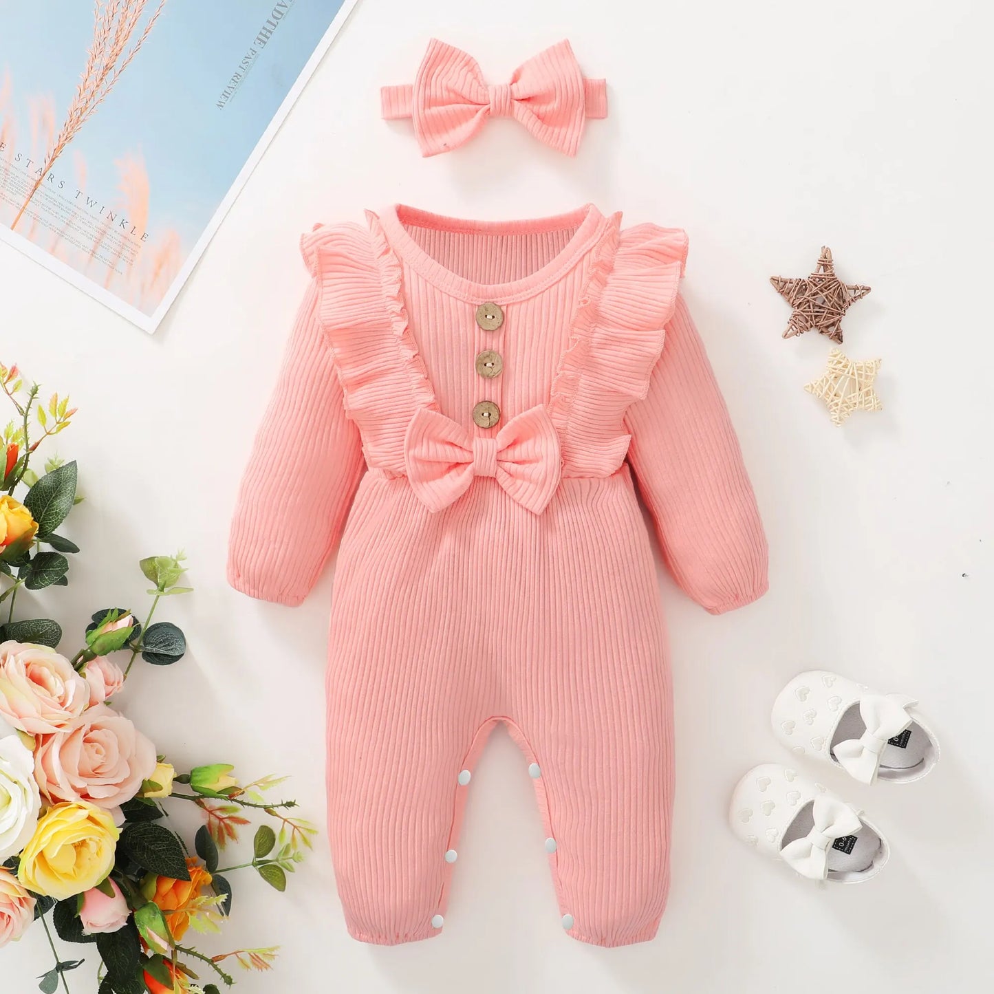 Ruffled Long Sleeve Baby Romper with Bowknot and Wooden Button Accents – Soft Ribbed Fabric and Matching Headband for Adorable Outfit Sets