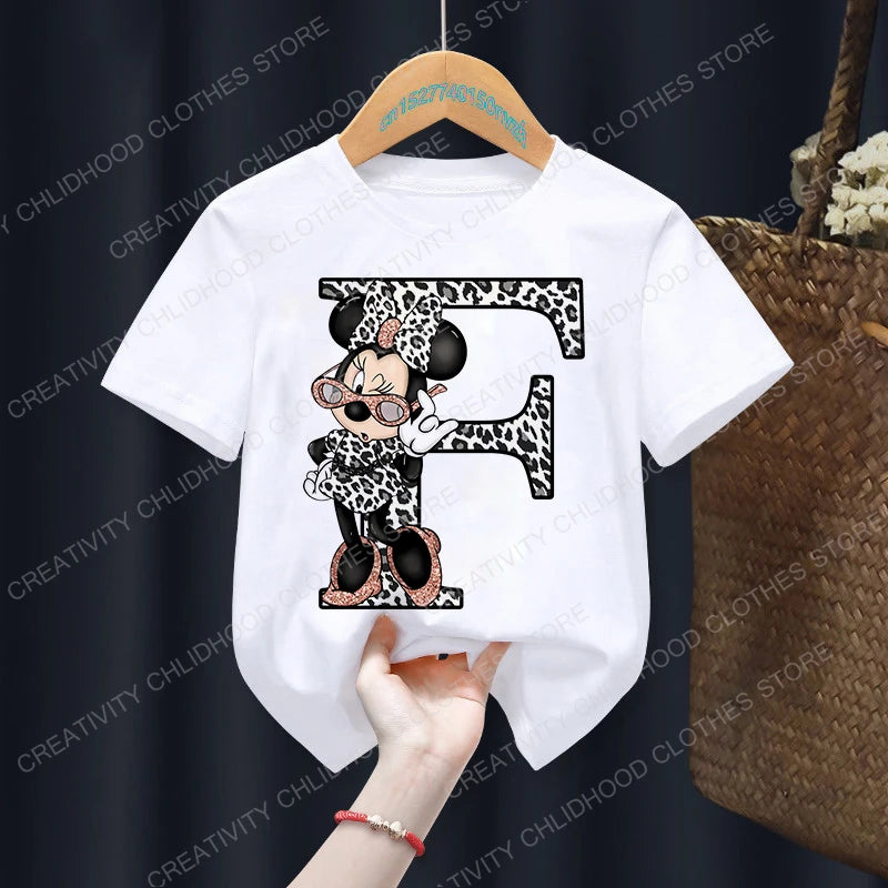 Minnie Mouse Leopard Print Alphabet Graphic T-Shirt for Kids – Trendy and Fun Summer Wear