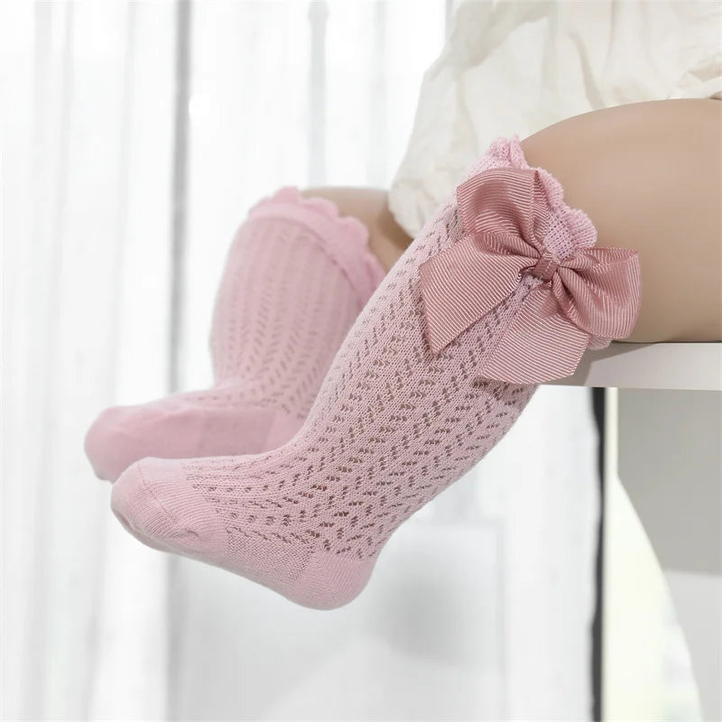 Lace Pattern Baby Knee-High Socks with Adorable Ribbon Bows