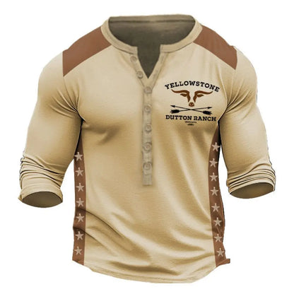 Men's Long Sleeve Button-Up Henley Shirt with Tribal Print and Yellowstone Dutton Ranch Logo