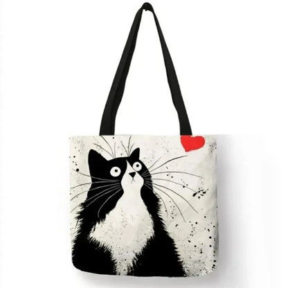 Canvas Tote Bag with Whimsical Cat Print and Heart Accent for Women