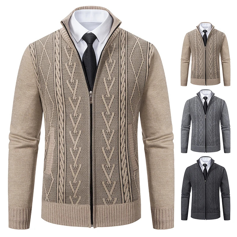 Men's Casual Zip-Up Cardigan with Ribbed Knit Detailing and Full-Length Sleeves