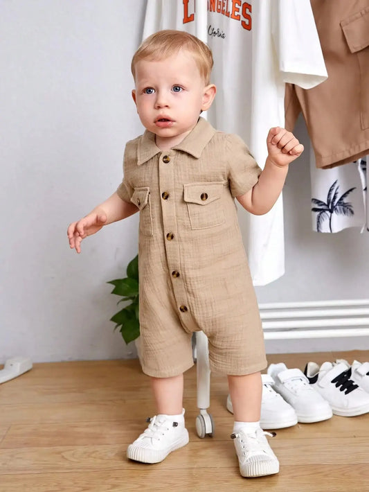 Stylish Button-Down Romper with Chest Pockets for Babies