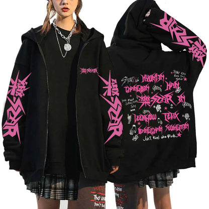 Unisex Streetwear Graphic Hoodie with Bold Arm and Back Designs, Full-Zip Closure, and Oversized Fit for a Trendy Look