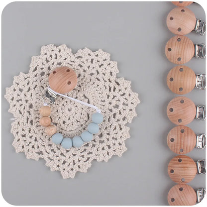 Natural Wooden Bead Baby Pacifier Clips with Soft Silicone Beads, Safe and Stylish Holder for Pacifiers and Teething Toys