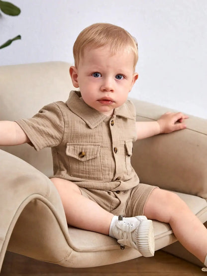 Stylish Button-Down Romper with Chest Pockets for Babies