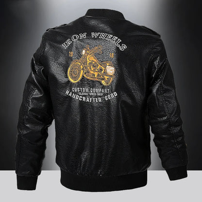 Men's Embroidered Faux Leather Bomber Jacket with Motorcycle Patches and Ribbed Cuffs