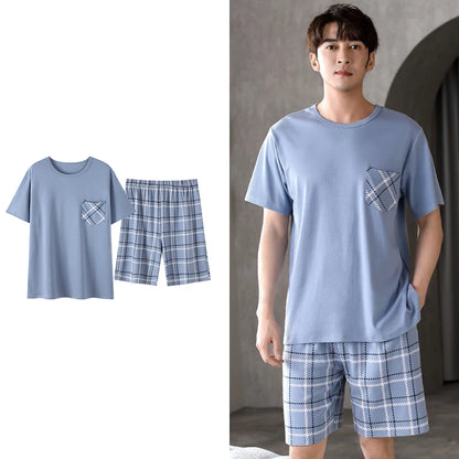 Men's Summer Plaid Pajama Set with Short Sleeve Top and Elastic Waist Shorts Featuring Chest Pocket and Comfortable Fit