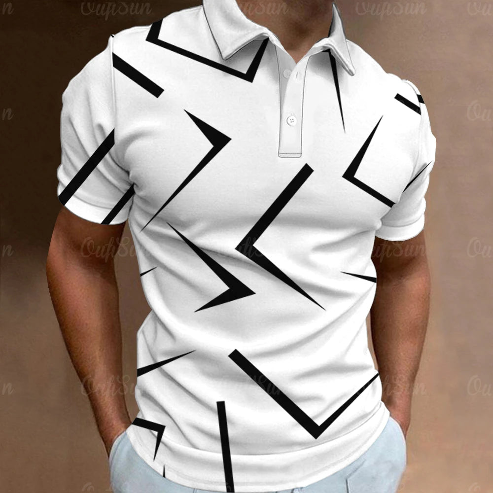 Men's Geometric Print Polo Shirt with Button Placket and Modern Design for Casual Wear