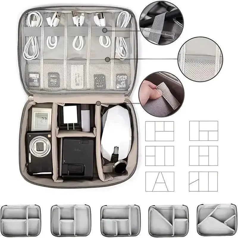 Compact Travel Cable Organizer Bag with Adjustable Compartments and Multiple Storage Pockets for Electronics and Accessories.