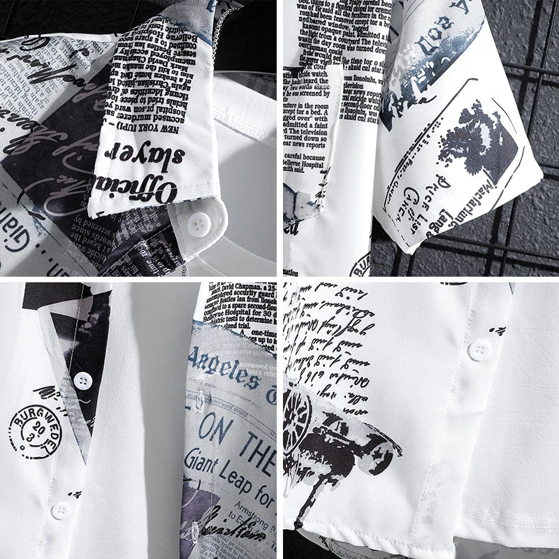 Men's short sleeve button-up shirt with bold newspaper print design and turn-down collar for a trendy, urban look