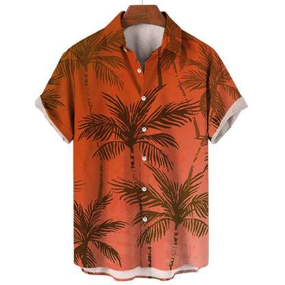 Vintage Surf and Palm Tree Print Short-Sleeve Hawaiian Shirt with Button-Up Closure and Turn-Down Collar