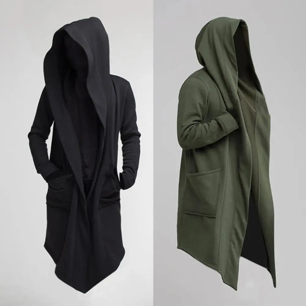 Men's Long Hooded Cardigan with Open Front, Asymmetrical Hem, and Deep Pockets for a Stylish and Modern Look