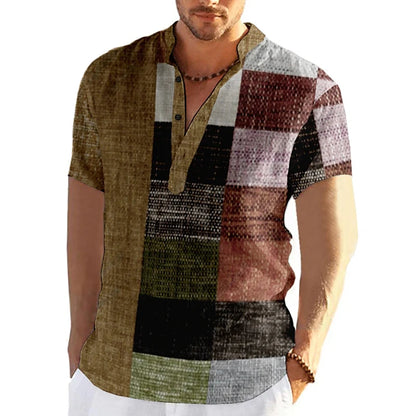 Men's short sleeve V-neck shirt with bold geometric patchwork design for a stylish and unique casual look