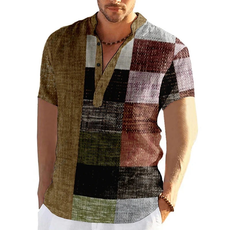 Men's short sleeve V-neck shirt with bold geometric patchwork design for a stylish and unique casual look