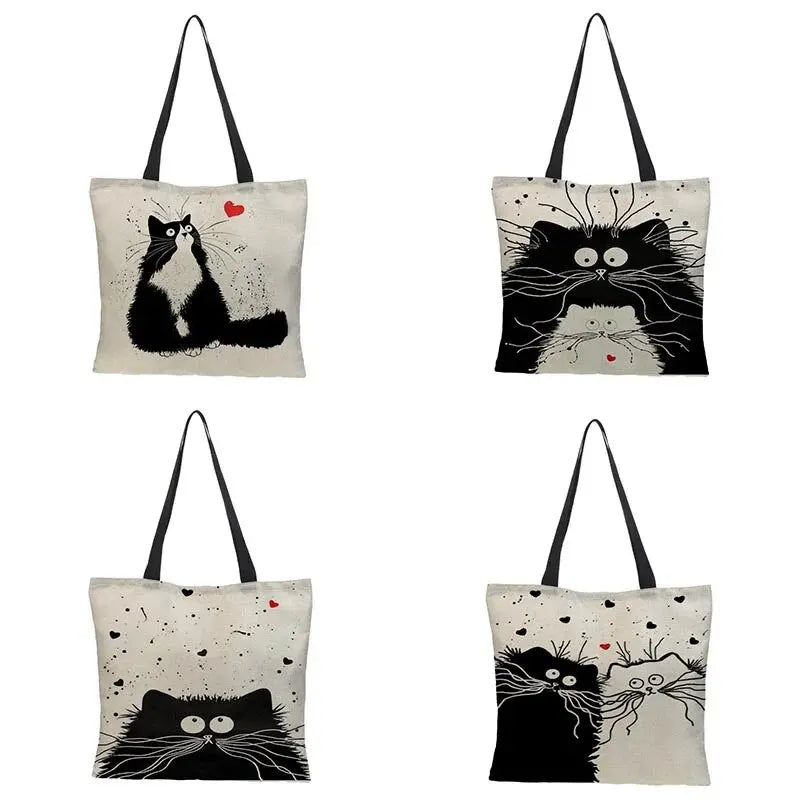 Canvas Tote Bag with Whimsical Cat Print and Heart Accent for Women