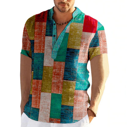 Men's short sleeve V-neck shirt with bold geometric patchwork design for a stylish and unique casual look