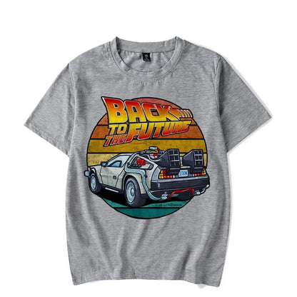 Men's Short Sleeve Retro Graphic T-Shirt Featuring Iconic Car Design and Nostalgic "Back to the Future" Theme