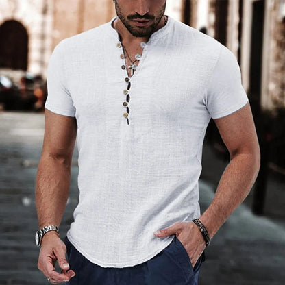 Men's Short-Sleeve Linen Henley Shirt with Buttoned V-Neck and Casual Fit