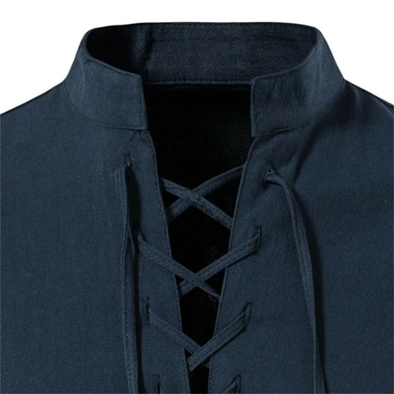 Men's Long-Sleeve Lace-Up V-Neck Shirt with Stand Collar and Roll-Up Cuffs