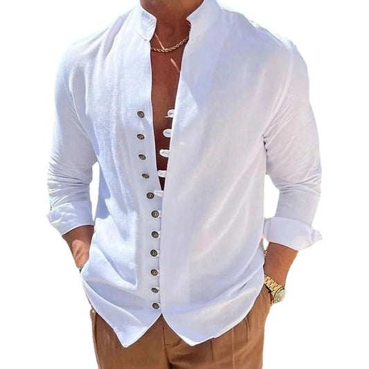 Stylish Men's Long Sleeve Shirt with Stand Collar and Unique Button Detailing for Casual and Formal Occasions.