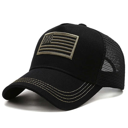 Patriotic Mesh-Back Baseball Cap with Embroidered Flag Design and Adjustable Snap Closure