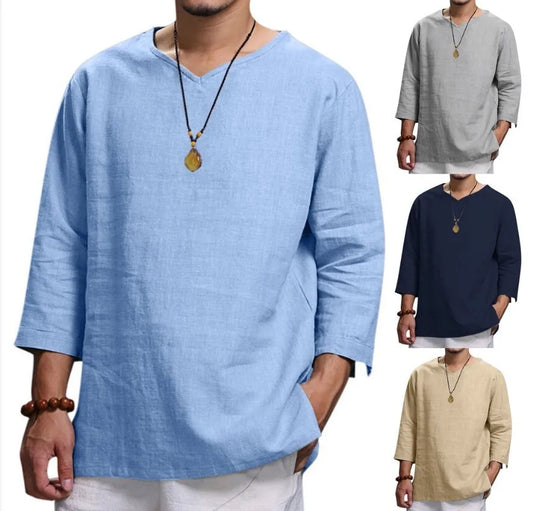 Men's Casual V-Neck Long Sleeve Linen Shirt - Comfortable and Breathable for Spring and Summer Wear