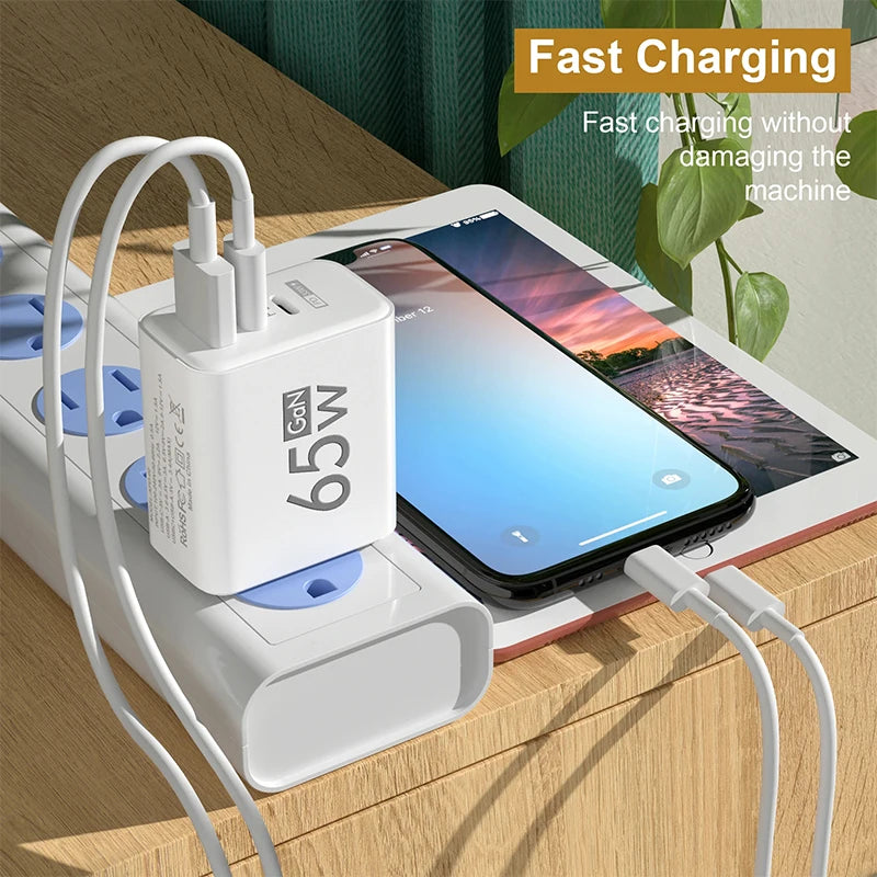 65W GaN Fast Charger with Dual USB-C and Single USB-A Ports, Compatible with Multiple Devices for High-Speed Charging.