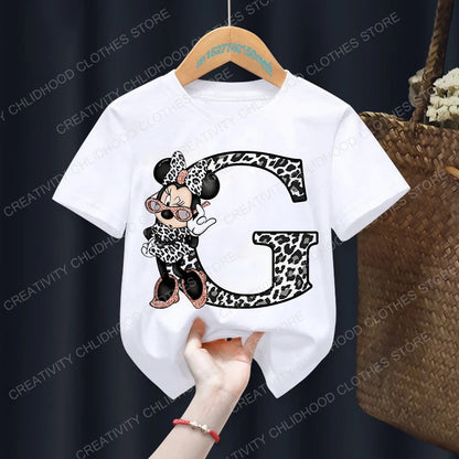 Minnie Mouse Leopard Print Alphabet Graphic T-Shirt for Kids – Trendy and Fun Summer Wear