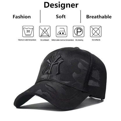 Camouflage Mesh Baseball Cap with Embroidered NY Logo and Adjustable Strap for Trendy and Breathable Casual Wear