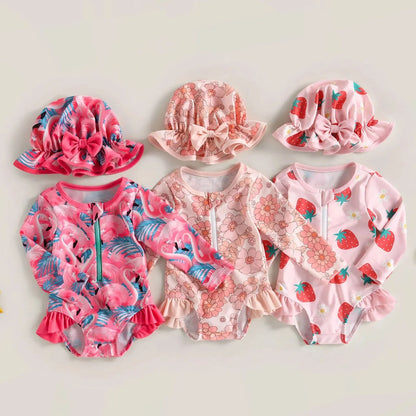 Floral and Fruit Themed Baby Swimsuit Set with Matching Sun Hats