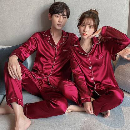 Couples Matching Satin Pajama Set with Contrast Piping and Button-Down Design for Luxurious Sleepwear