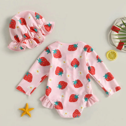 Floral and Fruit Themed Baby Swimsuit Set with Matching Sun Hats