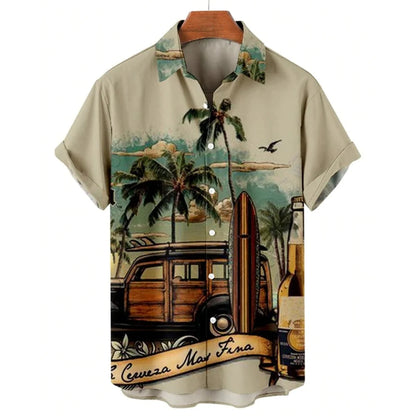 Vintage Surf and Palm Tree Print Short-Sleeve Hawaiian Shirt with Button-Up Closure and Turn-Down Collar