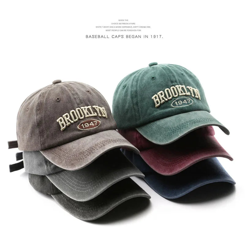 Vintage Washed Baseball Cap with Embroidered Brooklyn 1947 Logo and Adjustable Strap for Classic Urban Style